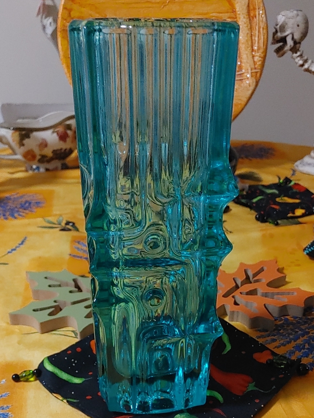 1968 Rosice Sklo Union Turquoise Textured Glass Art Vase - Home Art